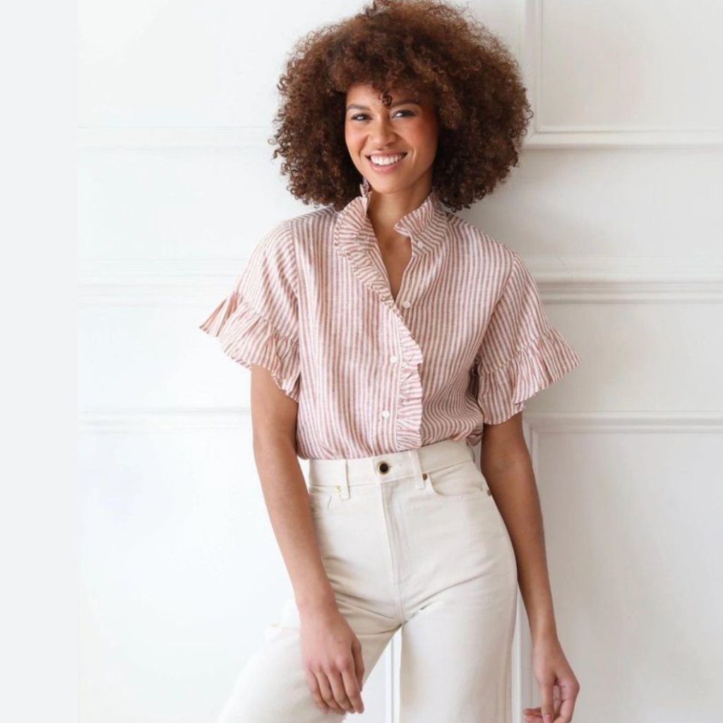Mille Vanessa Boho Linen Ruffle Blouse In Siena Sripe White/Orange Size Large